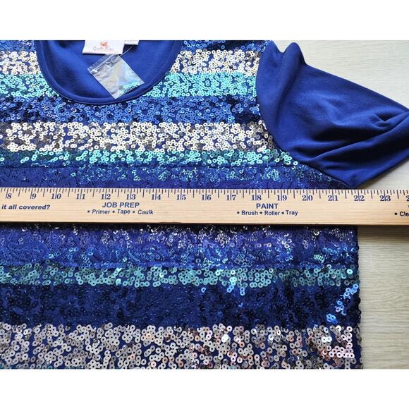 Top/Blouse-Quacker Factory-Blue Toned Sequin Front-Fabric Back-Scoop Neck-Size L - Picture 11 of 15